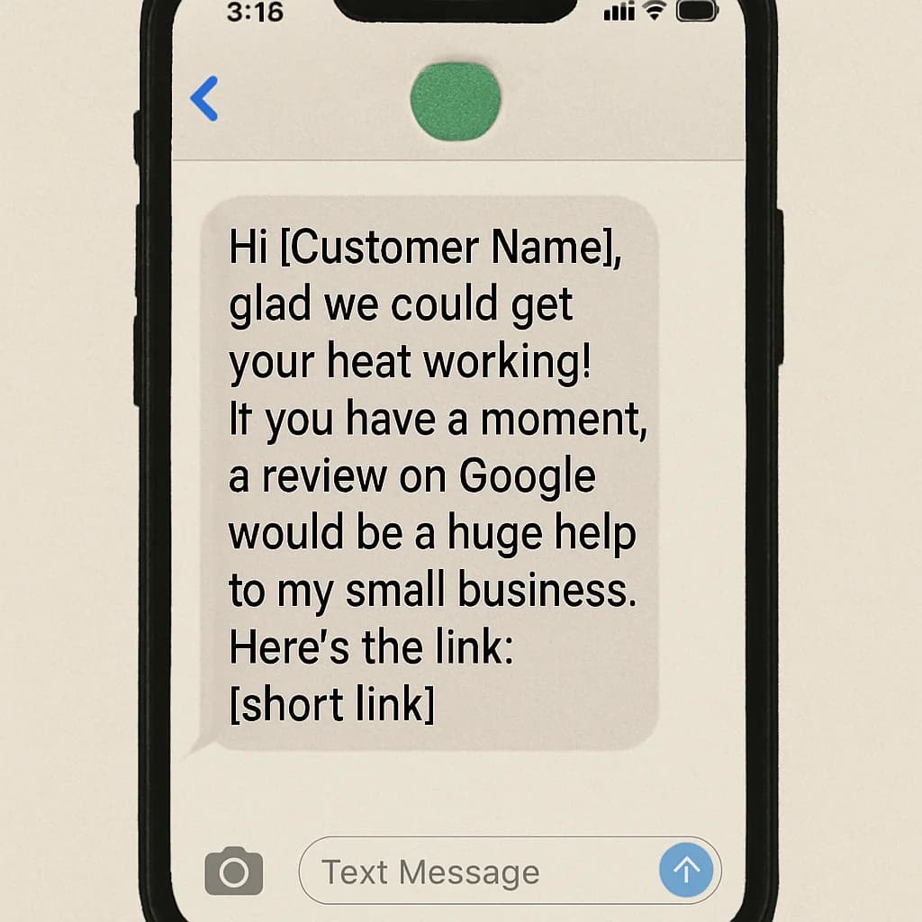 A simple smartphone screen showing a pre-written text message: 'Hi (Customer Name), glad we could get your heat working! If you have a moment, a review on Google would be a huge help to my small business. Here's the link: (short link)'