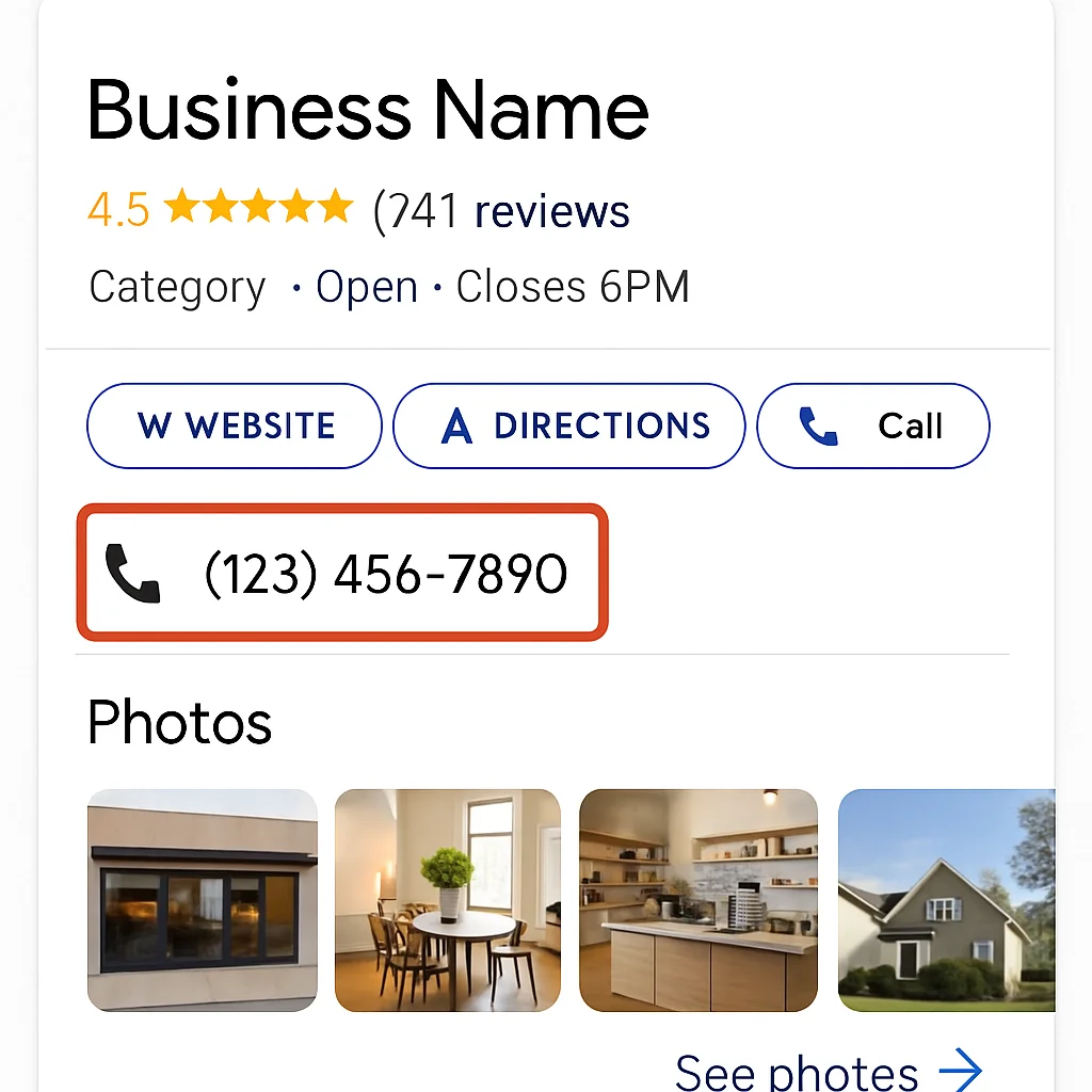 A simple screenshot of a well-optimized Google Business Profile in the search results, highlighting the business name, star rating, phone number button, and photos