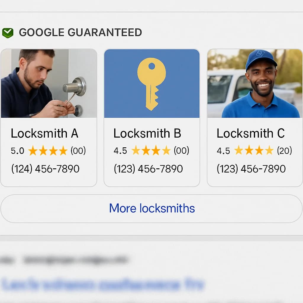 A screenshot showing the Google Local Service Ads section at the very top of a search results page, with three 'Google Guaranteed' business listings showing their photos, ratings, and phone numbers