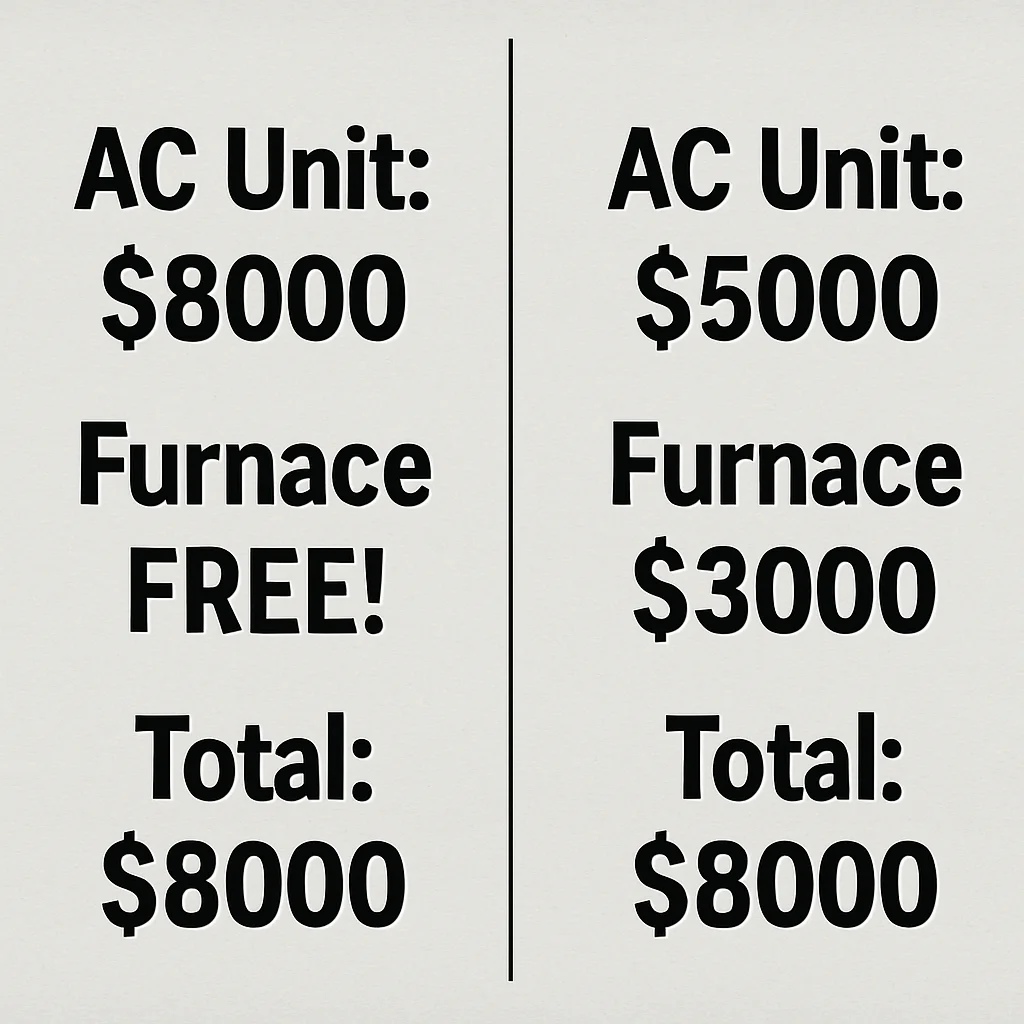 A simple side-by-side comparison image showing two offers. On the left: 'AC Unit: $8000, Furnace: FREE!'. On the right: 'AC Unit: $5000, Furnace: $3000'. Both have a total of $8000