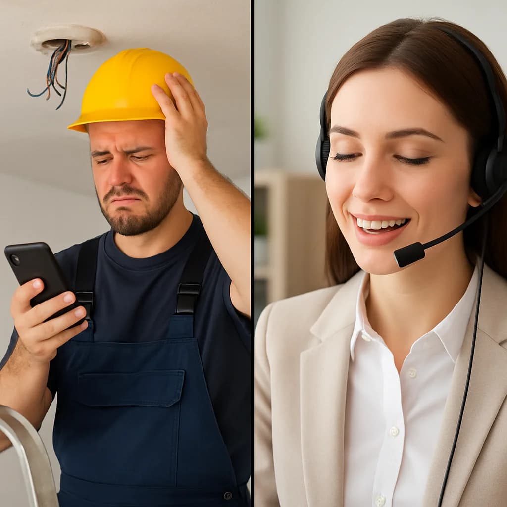 A split-screen image. On the left, a frustrated electrician on a ladder looks at his ringing phone, unable to answer. On the right, a calm, professional virtual receptionist with a headset is speaking to a customer