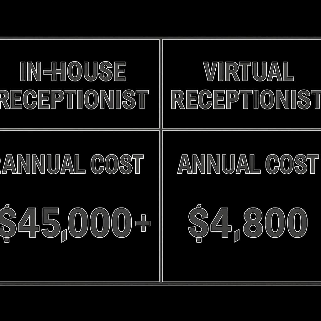 A simple side-by-side graphic comparing 'In-House Receptionist Annual Cost' (showing a large number like $45,000+) vs. 'Virtual Receptionist Annual Cost' (showing a smaller number like $4,800). Image is text-based but very simple